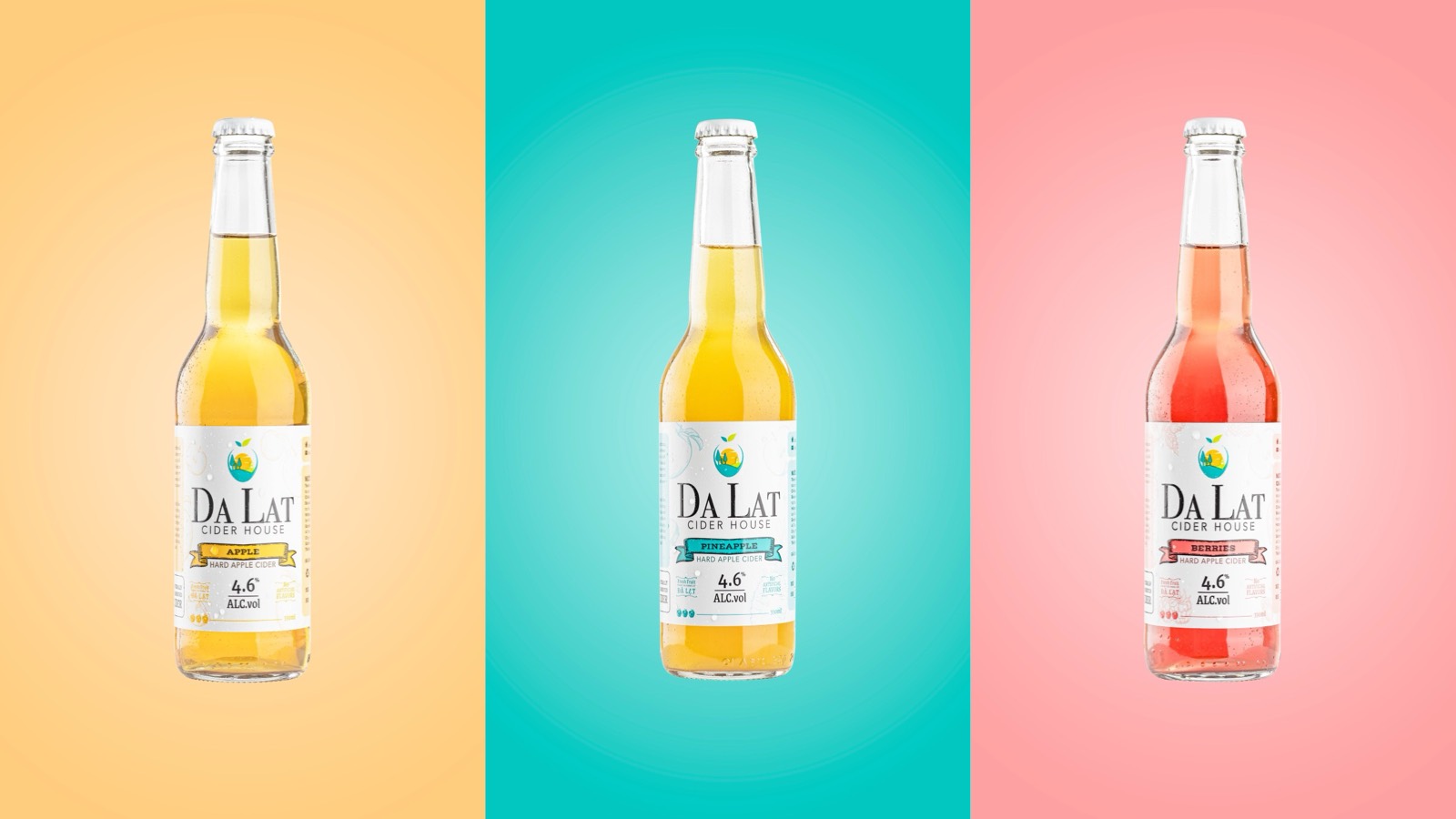 Da Lat Cider House Apple, Pineapple and Berries bottles on gold, teal and coral backgrounds